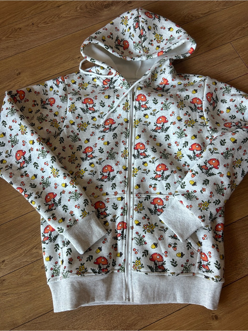 Cottage Core Zip-Up Hoodie with Red Mushroom Print